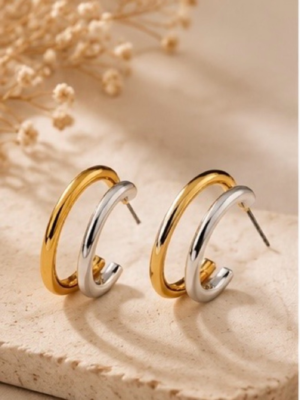 Anthropologie Mixed Metal Gold Silver Double Hoop
Earrings NWT
